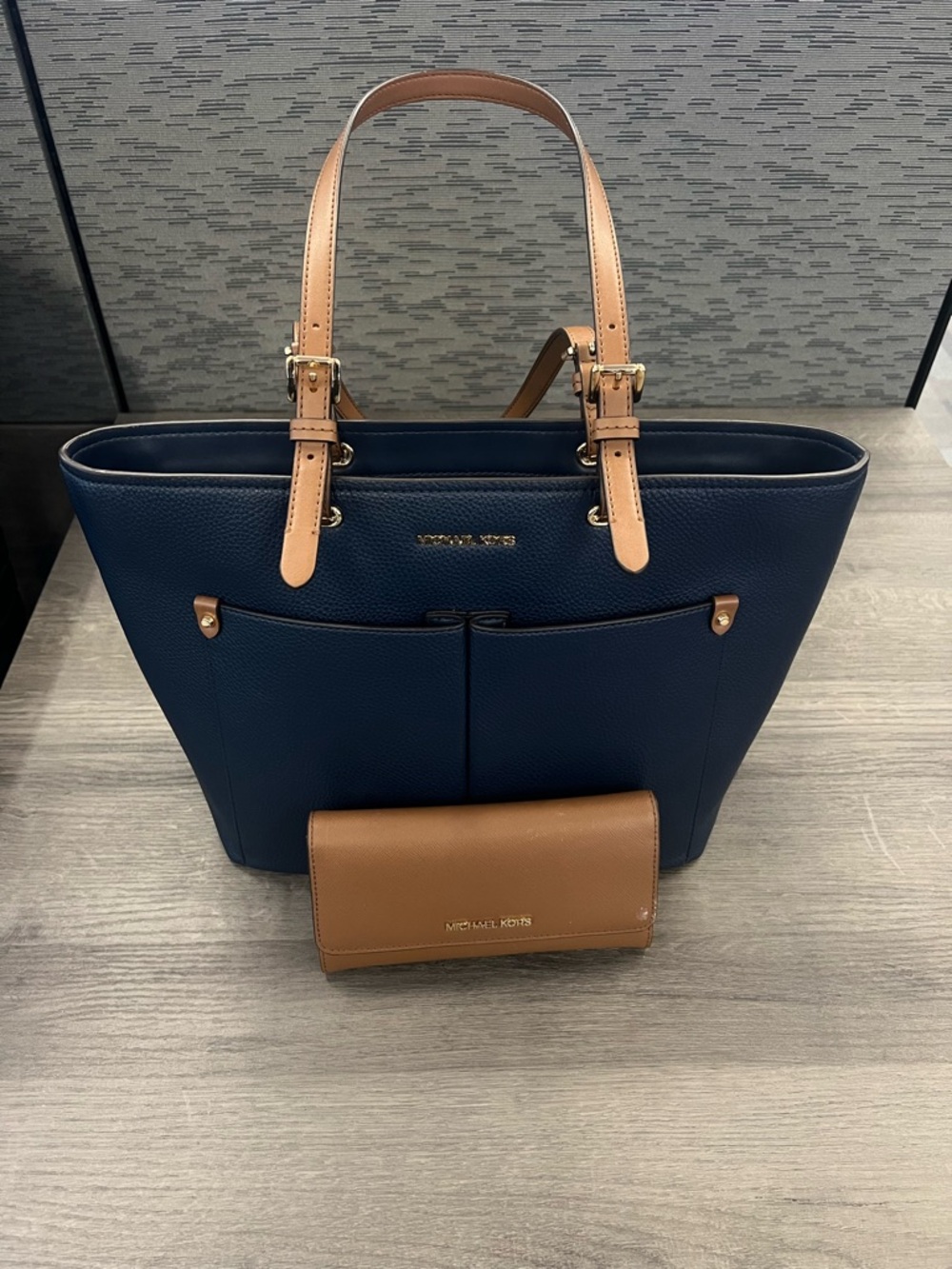 Michael Kors Navy and Tan Leather Tote with Matching Wallet
